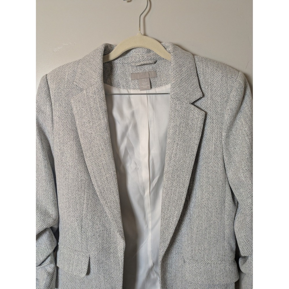 H&M Women's Size XS Tweed Herringbone Blazer Jacket Light Gray Ruched Sleeve - Picture 3 of 9